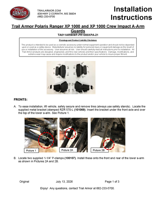 Trail Armor Ranger XP 1000 factory arched A-Arm guard installation instructions, page 1