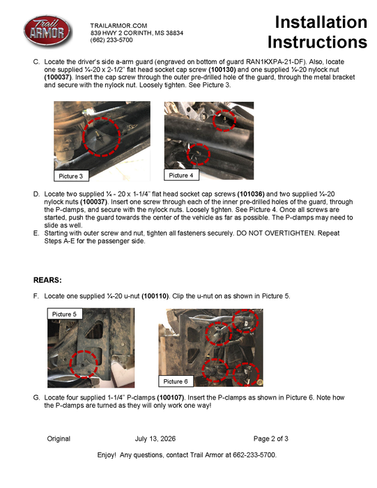 Trail Armor Ranger XP 1000 factory arched A-Arm guard installation instructions, page 2