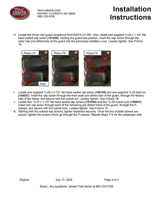 Trail Armor Ranger XP 1000 factory arched A-Arm guard installation instructions, page 3
