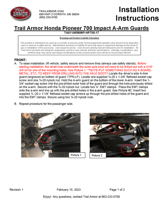 Trail Armor Honda Pioneer 700 and Honda Pioneer 700-4 iMpact A-Arm Guards 2014-2024