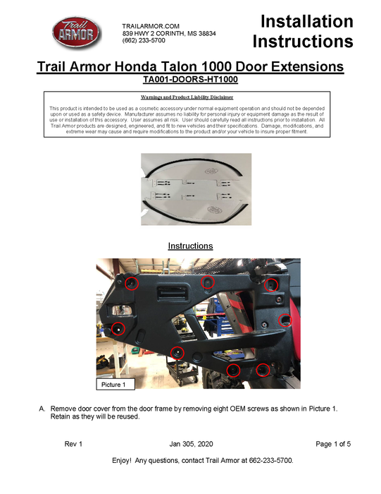 Trail Armor Honda Talon 1000 Lower Door Insert Kit