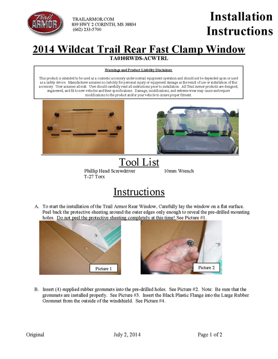 SECOND!! Trail Armor Arctic Cat Wildcat Trail, Wildcat Trail XT, Wildcat Trail Limited EPS, Wildcat Sport Limited EPS, Wildcat Sport XT, and Wildcat Sport Rear Window Dust Seal 2014 - 2017