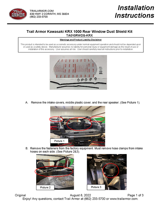 Trail Armor Kawasaki KRX 1000, KRX 1000 Special Edition, KRX 1000 Trail Edition and KRX 1000 eS Rear Window Dust Shield Kit 2020 - 2024