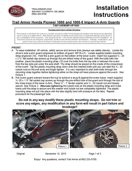 Trail Armor Honda Pioneer 1000 and Honda Pioneer 1000-5 iMpact A-Arm Guards 2016 - 2021