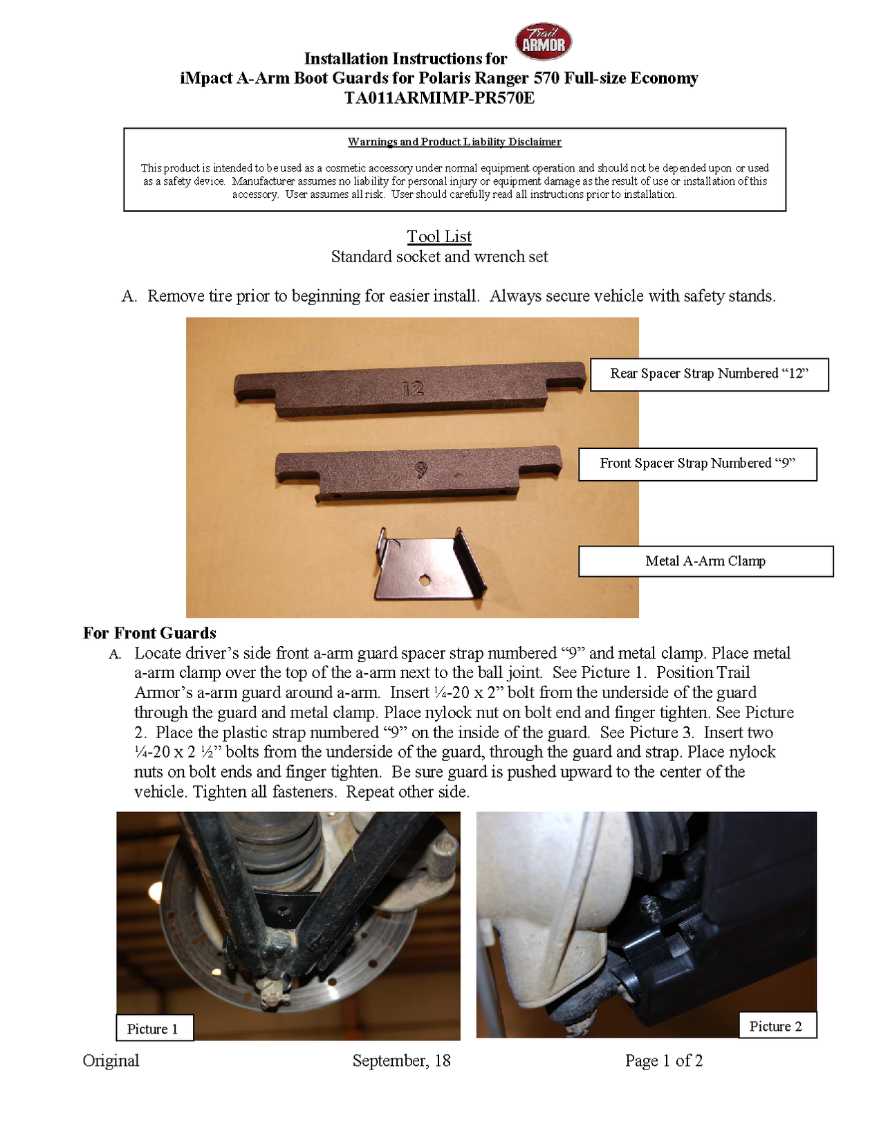 Ranger Full-Size Economy 570 iMpact A-Arm Guards with Struts