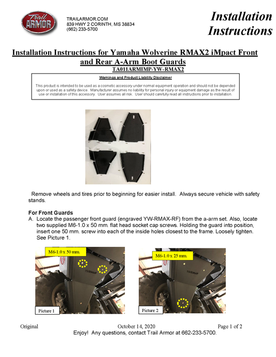 Trail Armor Yamaha Wolverine RMAX2, RMAX2 1000 X-TR, RMAX2 1000 LT Edition, RMAX2 1000 Sport iMpact A-Arm Guards 2021 - 2024