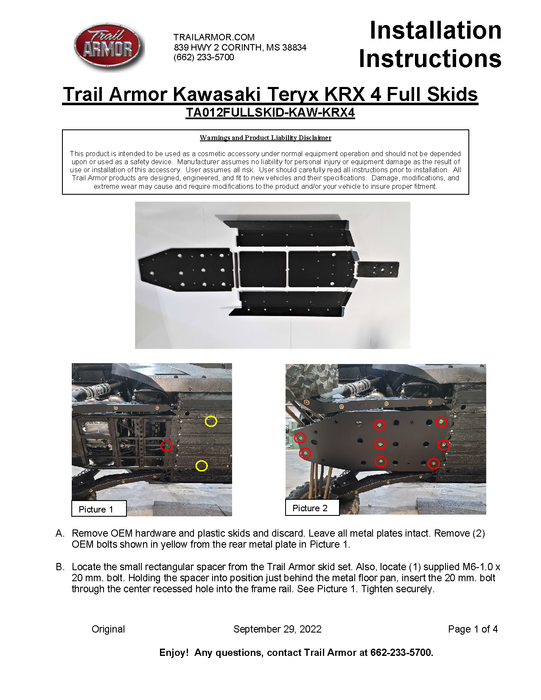 Trail Armor 2023 Kawasaki KRX 4 1000 SE, KRX 4 1000 eS Special Edition and KRX 4 1000 eS Full Skids with Integrated Side Skid Plates