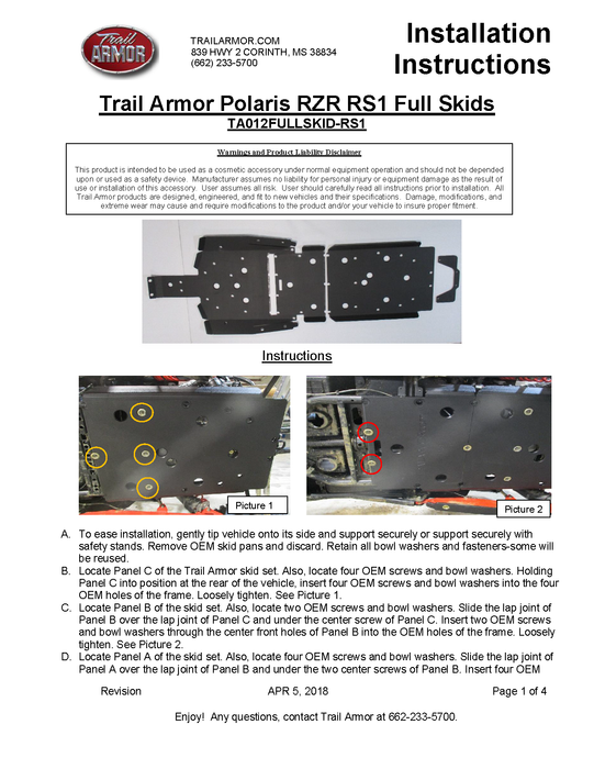 Trail Armor Polaris RZR RS1 Full Skids 2018 - 2022