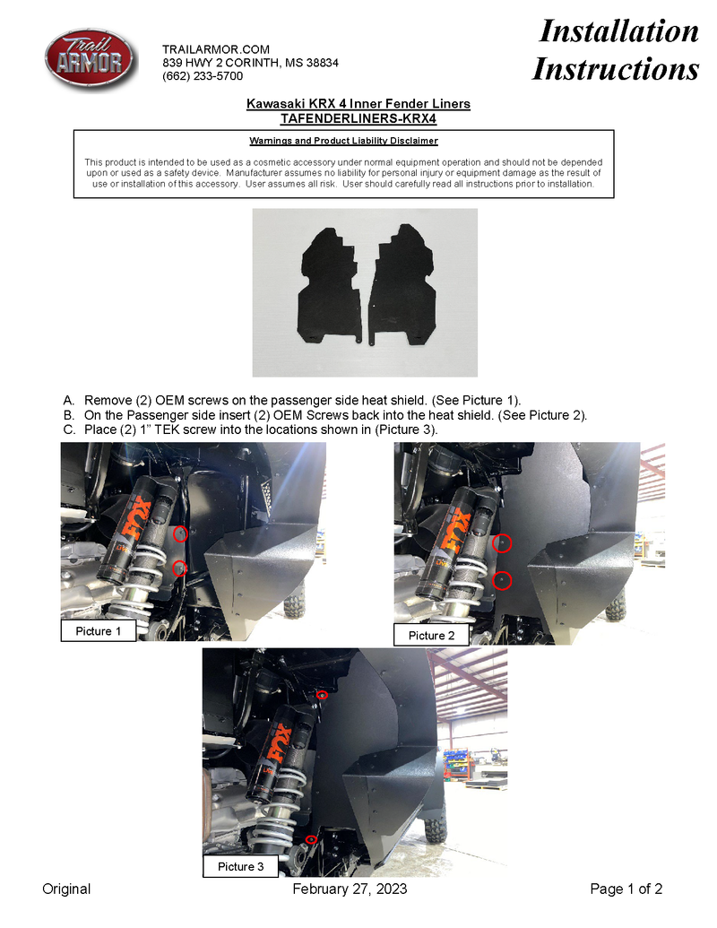 Trail Armor Kawasaki KRX 4 1000 (all editions) Inner Fender Liners 202