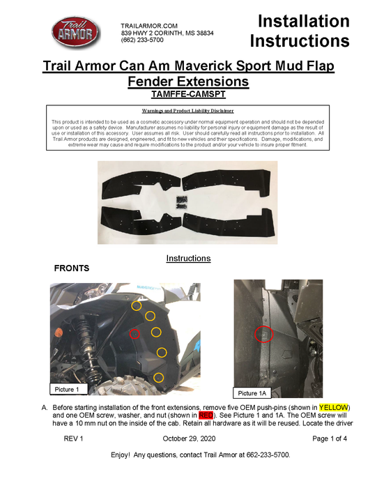 Trail Armor Can Am Maverick Sport Mud Flap Fender Extensions