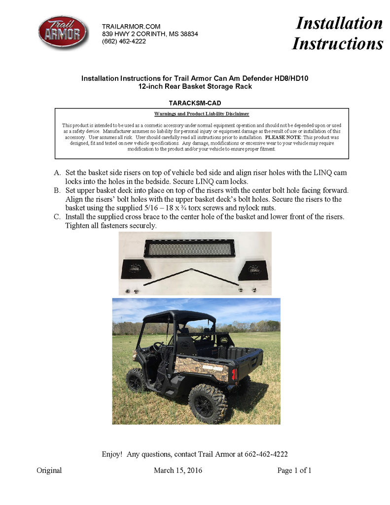 Trail Armor, Can Am Defender, Trail Armor, Small Rear Basket Storage