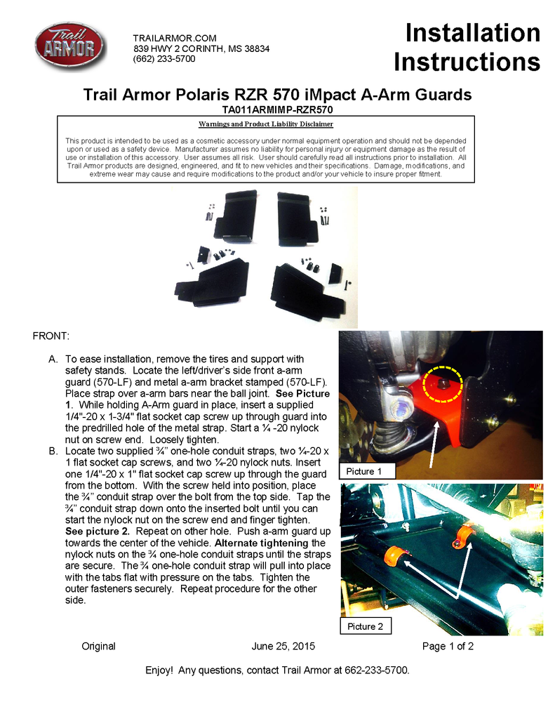 Trail Armor Polaris RZR 570 iMpact Aarm Guards 2012 2020