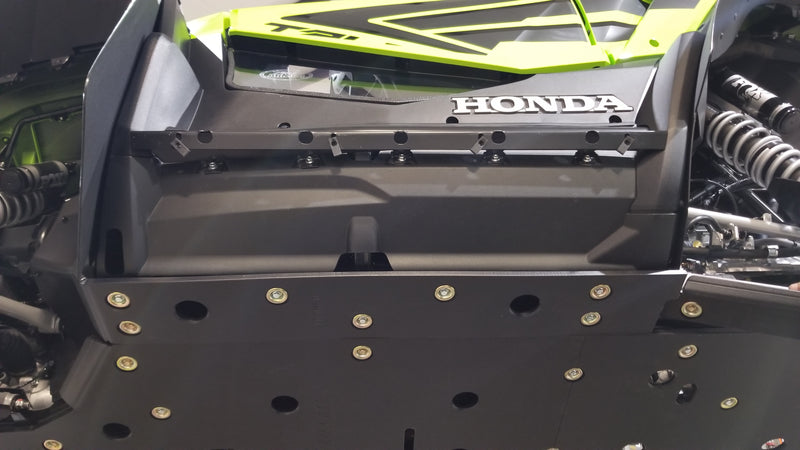 Trail Armor full skids front skid plate installed on green Honda Talon 1000 Fox Live Valve UTV 2-seat