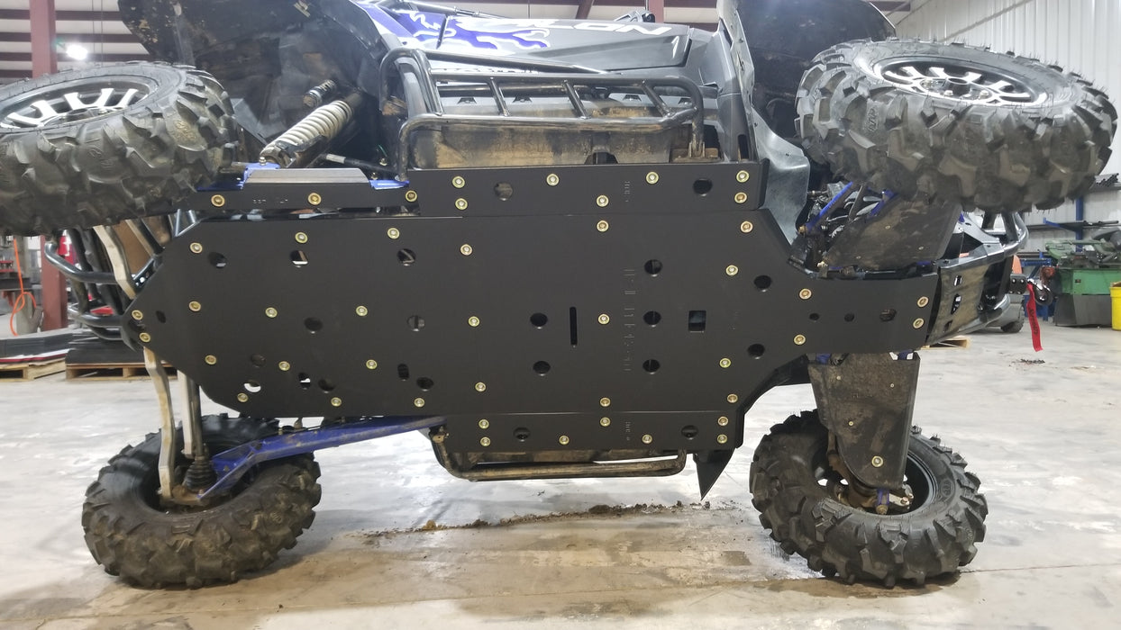 Trail Armor full skid plates complete side view on blue Honda Talon 1000 R X XS RS Fox Live Valve UTV