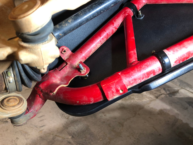 Trail Armor iMpact front A-arm guard bracket and mounting hardware detail on Honda Talon 1000R RS Fox Live Valve 2019-2023