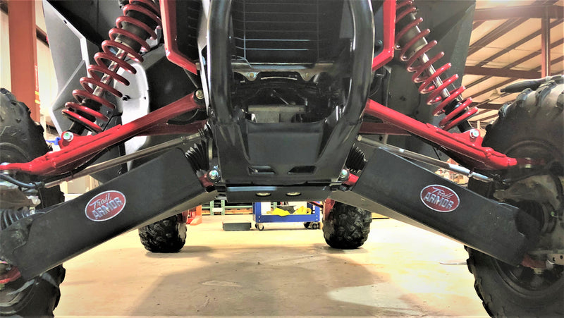 Trail Armor iMpact front A-arm guards undercarriage view with logo badges on Honda Talon 1000R RS Fox Live Valve 2019-2023