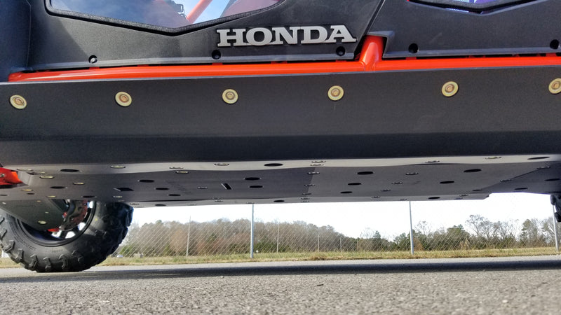 Trail Armor full skids belly plate and rocker panel low angle view on Honda Talon 1000X-4 XS-4 R-4 Fox Live Valve