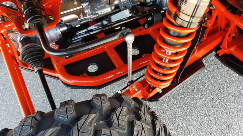 Trail Armor full skids Fox Live Valve shock and rear skid plate detail on orange Honda Talon 1000X-4 2020-2026