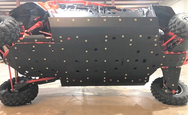 Trail Armor full skid plates installed side view on orange Honda Talon 1000X-4 XS-4 R-4 Fox Live Valve 2020-2026