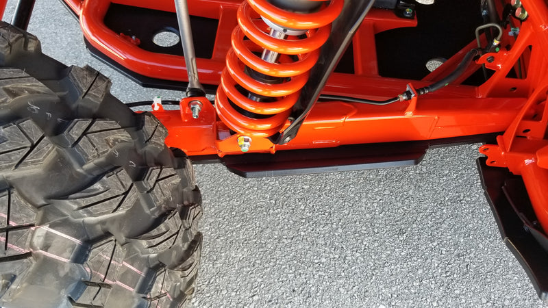 Trail Armor full skids rear suspension and rocker guard view on orange Honda Talon 1000X-4 Fox Live Valve 2020-2026