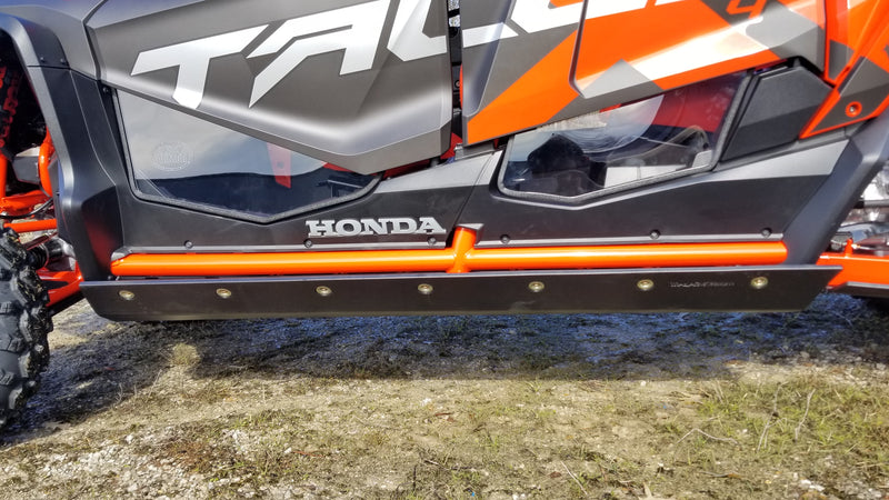 Trail Armor full skids rocker panel with logo badge on orange Honda Talon 1000X-4 Fox Live Valve 4-seat 2020-2026