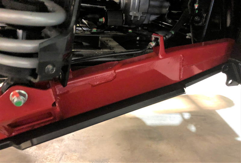 Trail Armor trailing arm guard close up fit view on red Honda Talon 1000X XS X-4 Fox Live Valve rear suspension