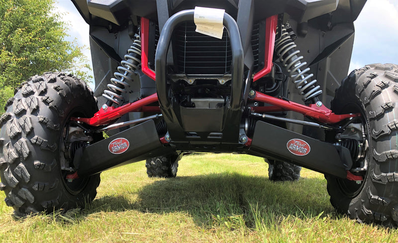 Trail Armor trailing arm guards rear view with logo badges on Honda Talon 1000X XS X-4 Fox Live Valve UTV