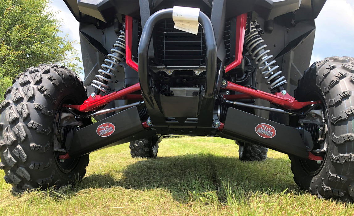 Trail Armor trailing arm guards rear view with logo badges on Honda Talon 1000X XS X-4 Fox Live Valve UTV