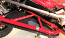 Trail Armor iMpact front A-arm guards installed on red Honda Talon 1000X XS X-4 Fox Live Valve undercarriage