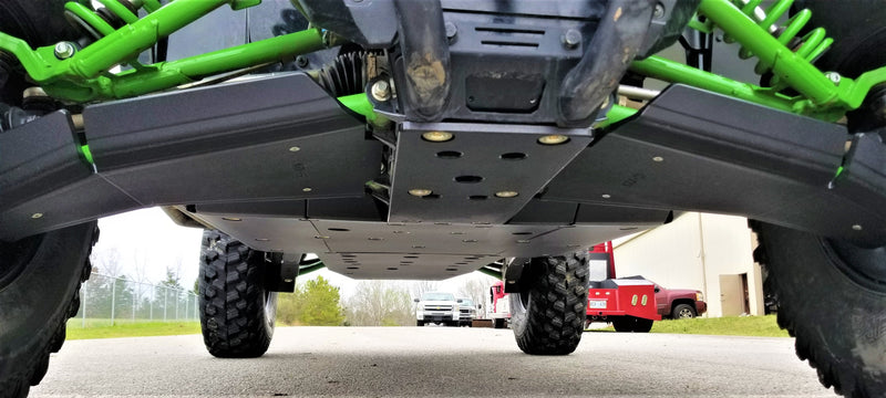 Trail Armor black full skid plates complete undercarriage belly view on Kawasaki KRX 1000