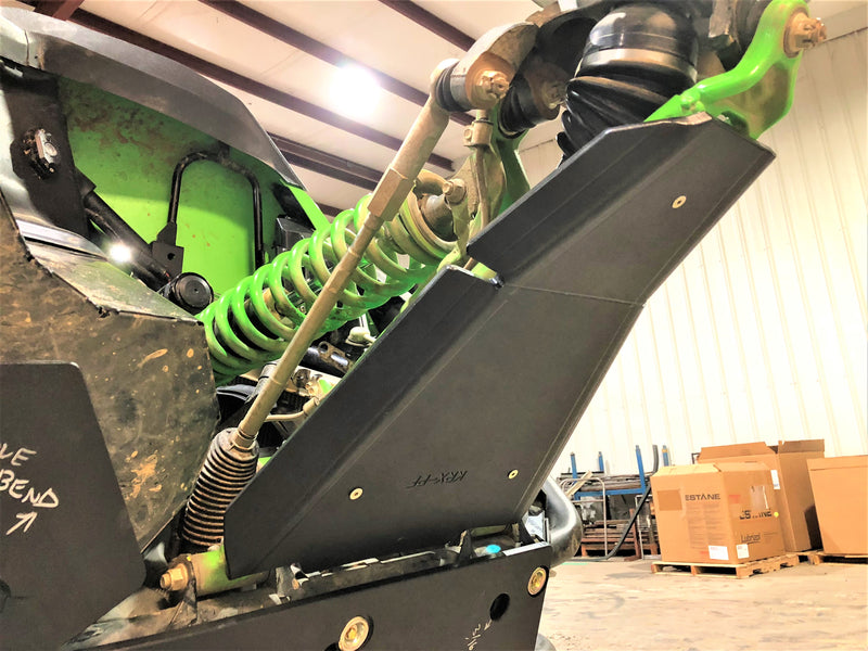 Trail Armor black iMpact Front Guard side angle installed alongside front suspension on Kawasaki KRX 1000