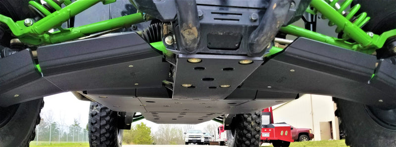 Trail Armor black iMpact Front Guards and skid plate full undercarriage view on Kawasaki KRX 1000