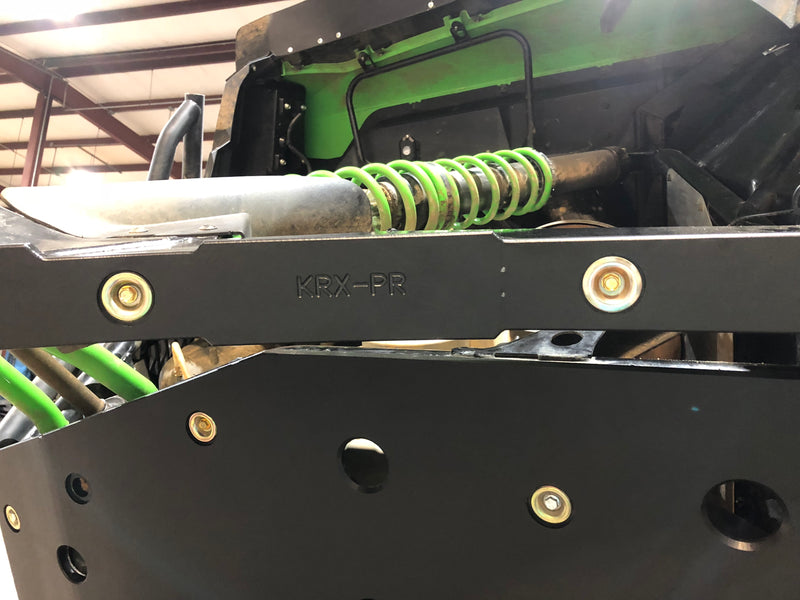 Trail Armor black iMpact Trailing Arm Guard KRX-PR part stamp close-up installed Kawasaki KRX 1000