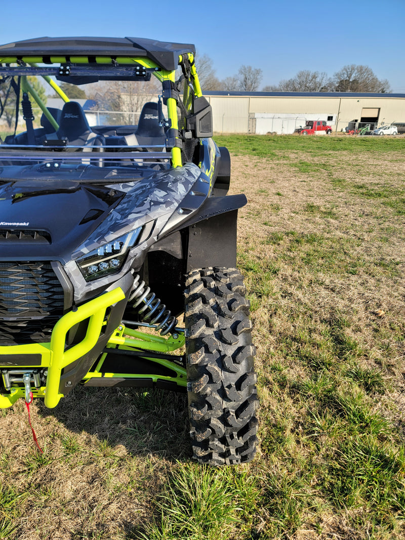 Trail Armor black mud flap fender extension front low angle view on Kawasaki KRX 1000 neon build