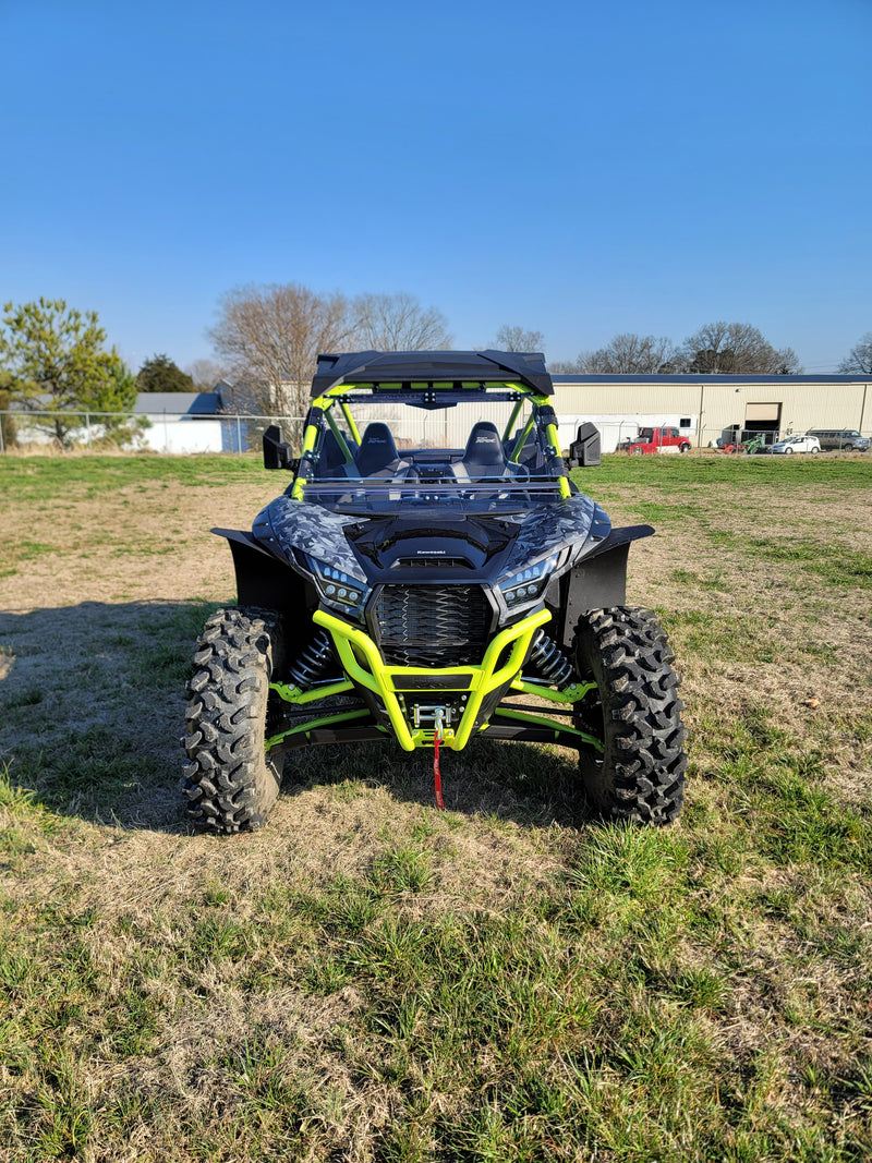 Trail Armor black mud flap fender extensions straight-on front view on Kawasaki KRX 1000 neon build