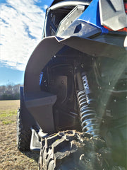 Trail Armor black front mud flap fender extension low angle with FOX shock on Kawasaki KRX 1000