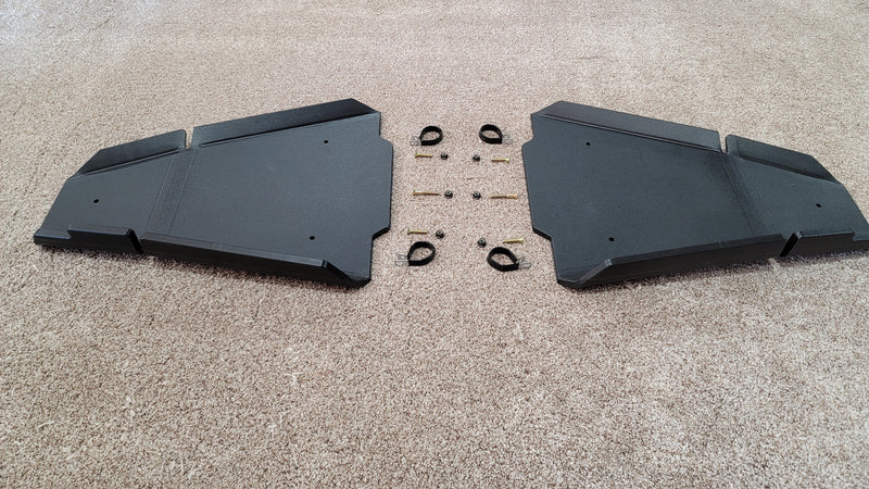 Trail Armor black iMpact Front Guards pair with mounting hardware flat lay for Kawasaki KRX 1000 KRX 4