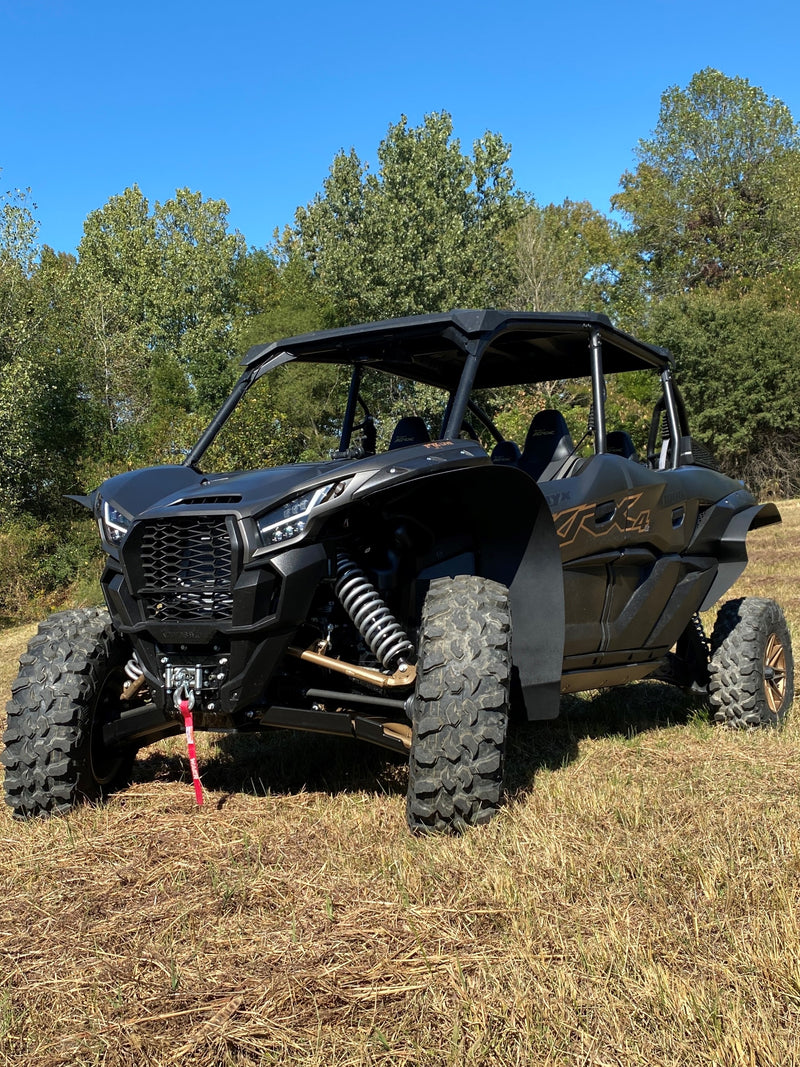 Trail Armor black mud flap fender extensions on Kawasaki KRX 4 1000 stealth build front hero outdoor