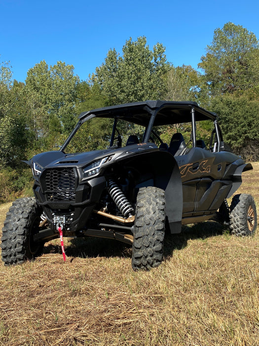 Trail Armor black mud flap fender extensions on Kawasaki KRX 4 1000 stealth build front hero outdoor