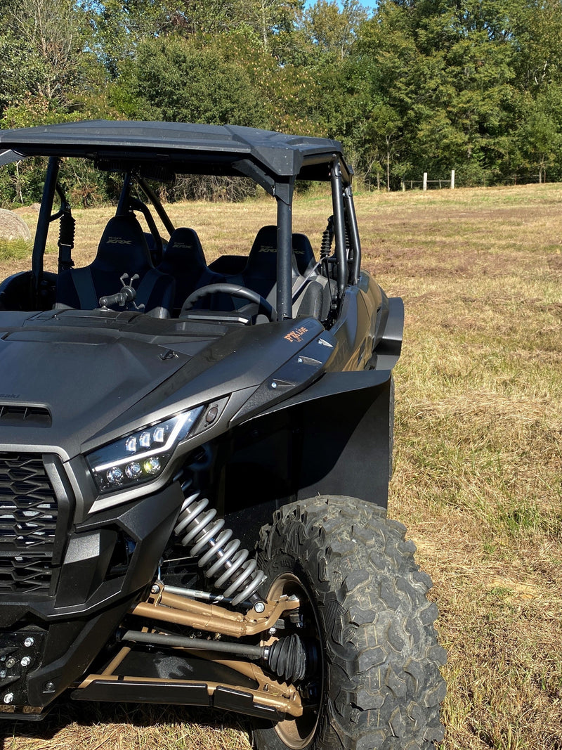 Trail Armor black mud flap fender extension front quarter on Kawasaki KRX 4 1000 stealth build outdoor