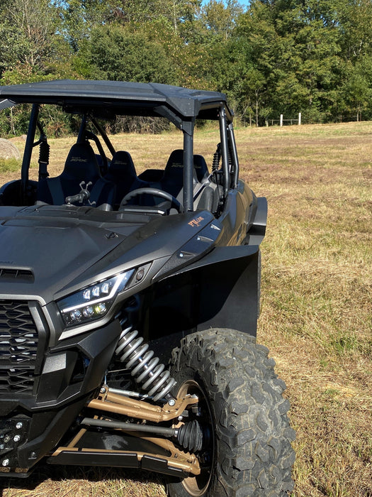 Trail Armor black mud flap fender extension front quarter on Kawasaki KRX 4 1000 stealth build outdoor