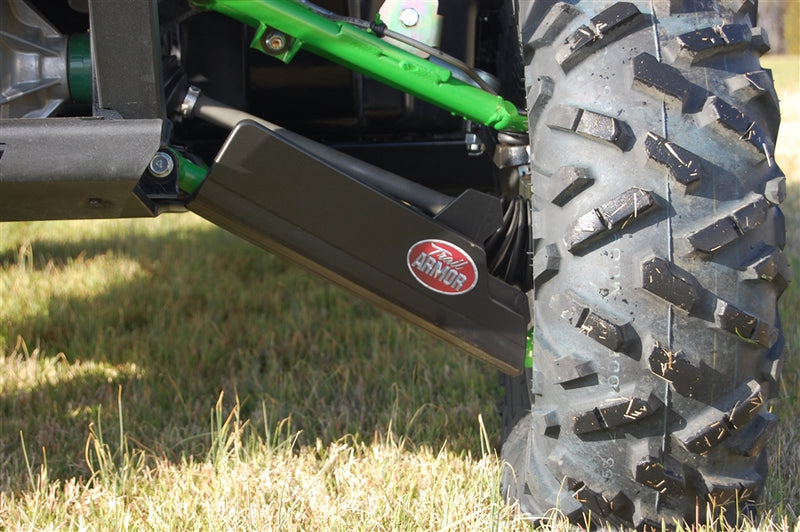 Trail Armor Kawasaki Teryx 4 iMpact A-Arm Guard installed with Trail Armor logo badge and green frame