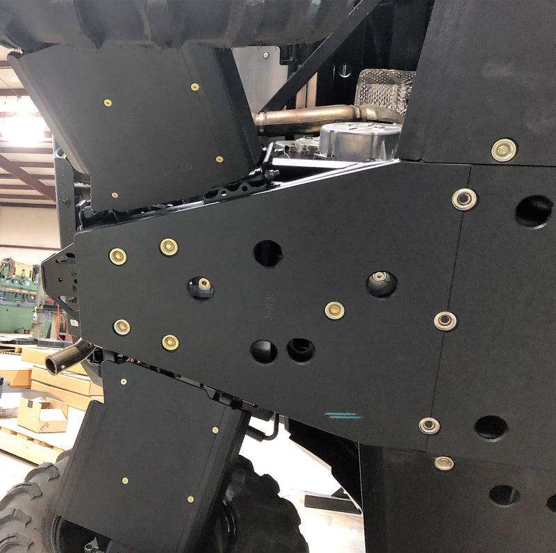 Trail Armor full skid plate angled view on Polaris General 1000 black