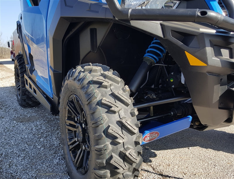 Trail Armor full skid plate blue installed side view on Polaris General
