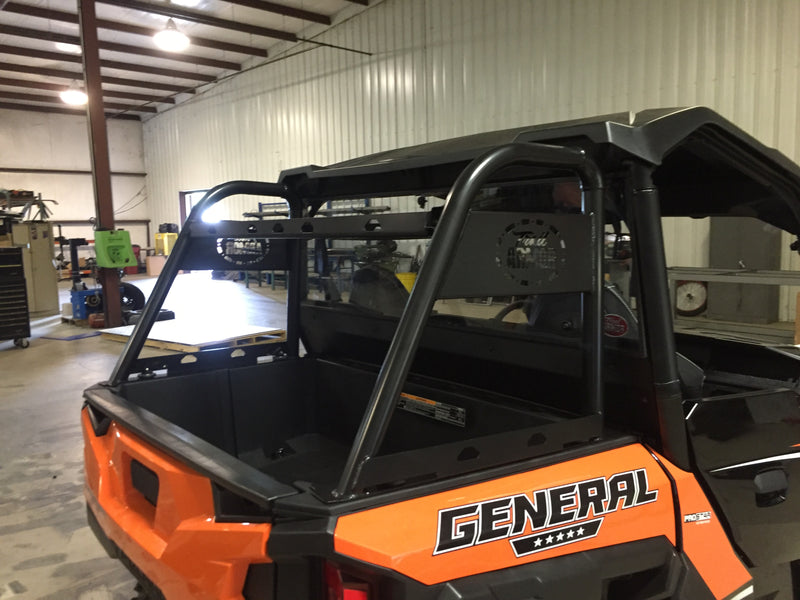 Trail Armor rear rack closeup with logo on orange Polaris General 1000