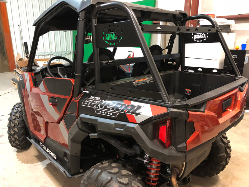 Trail Armor rear rack wide angle view copper Polaris General 1000 with logo