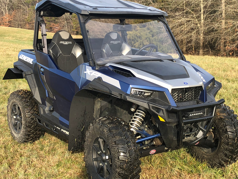 Trail Armor mud flap fender extension installed on blue Polaris General XP