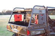 Trail Armor RotopaX mount with red fuel packs installed on a Polaris Ranger Crew bed