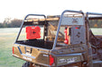 Trail Armor RotopaX mount with red fuel packs installed on a Polaris Ranger Crew bed