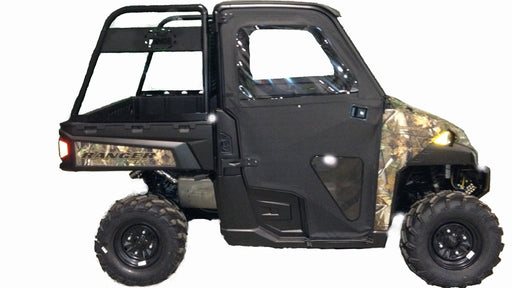 Trail Armor Polaris Ranger large rear storage rack installed, side view on camo Ranger